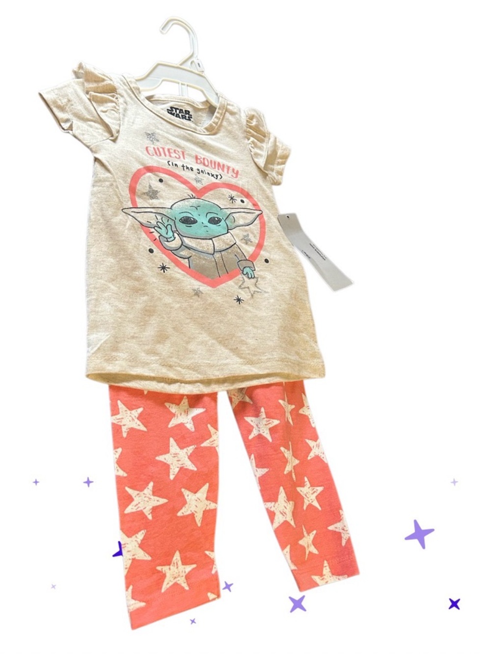 Star Wars Girls Baby Yoda Pajama Set - Cream Top & Coral Star Pants